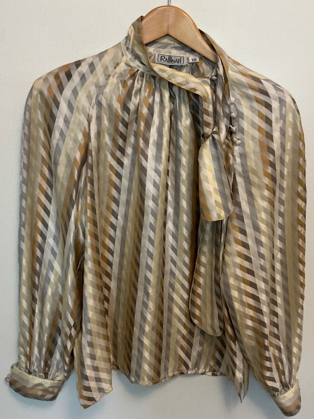 Vintage Raffinati Striped Tie-Neck Blouse Size 10. Earth Tone Diagonal Stripe